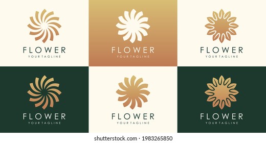 Rundblume Lotus golden Vektor Logo Design. Blumenlogo für Linear-Universalblatt