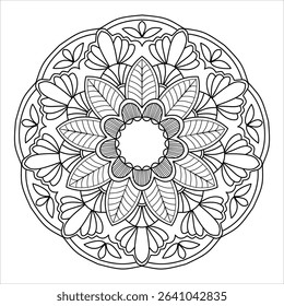 Circular Flower Mandala Coloring Page - Detailed Botanical Art Therapy Design with Layered Petals and Leaves - Adult Anti-Stress Vector Illustration for Mindfulness and Relaxation Practice