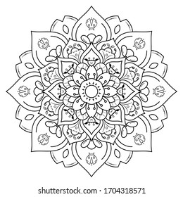 Circular Flower Mandala with cute cartoon floral style, Vector mandala pattern for kid, Hand drawn style. Unique design with petal flower. Concept relax and meditation use for page logo coloring book