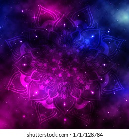 Circular Flower Mandala with galaxy background, Vector mandala Oriental pattern, Hand drawn decorative element. Unique design with petal flower. Concept relax and meditation use for page logo