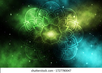 Mandala de flor circular con fondo de galaxia, Vector mandala oriental, elemento decorativo dibujado a mano. Diseño único con flor pétalo. Relajación conceptual y uso de la meditación para el logotipo de la página