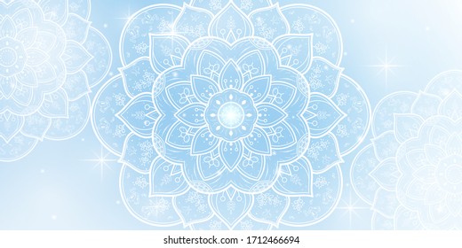 Circular Flower Mandala with soft blue sky background, Vector mandala Oriental pattern, Hand drawn decorative element. Unique design with petal flower. Concept relax and meditation use for page logo 