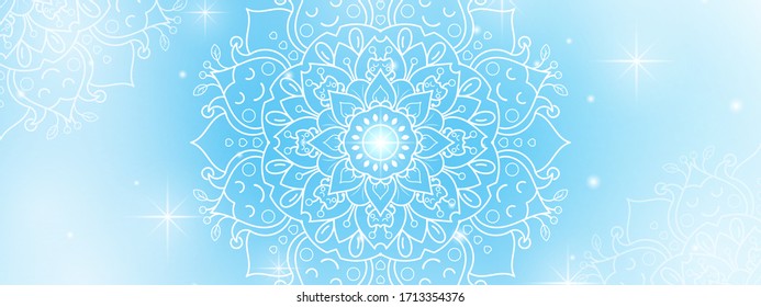 Circular Flower Mandala with soft blue sky background, Vector mandala Oriental pattern, Hand drawn decorative element. Unique design with petal flower. Concept relax and meditation use for page logo 