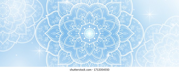 Circular Flower Mandala with soft blue sky background, Vector mandala Oriental pattern, Hand drawn decorative element. Unique design with petal flower. Concept relax and meditation use for page logo