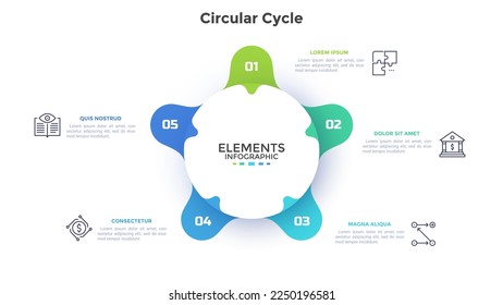 Circular flower petal diagram with five elements. Concept of 5 features of startup project cycle. Modern infographic design template. Simple flat vector illustration for business data visualization.