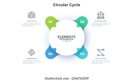 Circular flower petal diagram with four elements. Concept of 4 features of startup project cycle. Modern infographic design template. Simple flat vector illustration for business data visualization.