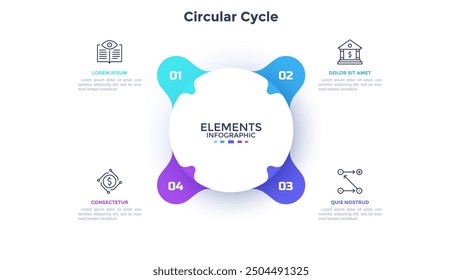 Circular flower petal diagram with four elements. Concept of 4 features of startup project cycle. Modern infographic design template. Simple flat vector illustration for business data visualization.