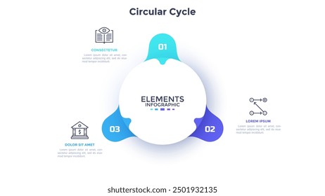 Kreisförmiges Blütenblatt mit drei Elementen. Konzept von 3 Funktionen des Startprojektzyklus. Moderne Infografik-Design-Vorlage. Einfache, flache Vektorgrafik für die Visualisierung von Geschäftsdaten.