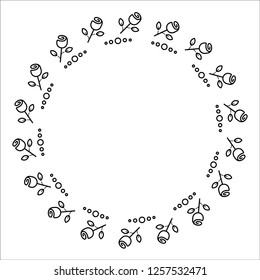 Circular flower's frame. Decorative round border frame with flowers. Modern vintage badge. Decoration element. Vintage floral wreath. Vector flat outline icon illustration.