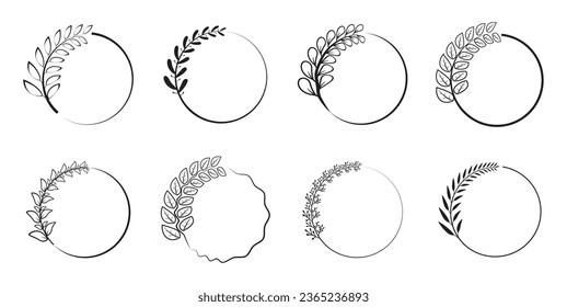 Circular foliate branch set icon. Laurel wreath. Silhouette laurel wreath. Heraldic chalice emblem, Greek and Roman olive branch award, winner's round emblem.