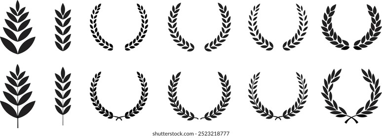 Circular foliate laurels branches icons set. Laurel wreath vectors isolated on transparent background. Silhouette vintage collection. Heraldic trophy crest Greek olive branch award winner round emblem