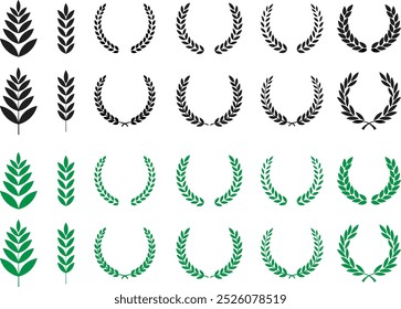 Circular foliate laurels branches icons set. Laurel wreath vectors isolated on transparent background. Silhouette vintage collection. Heraldic trophy crest Greek olive branch award winner round emblem