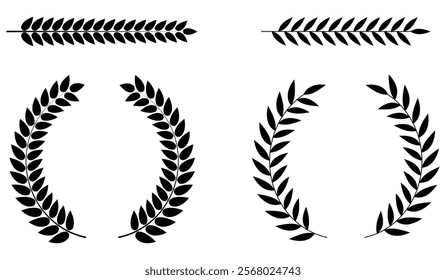 Circular foliate laurels branches icons set. Black Laurel Wreaths. Hand drawn vector laurel leaves decorative elements. Laurels wreaths, swirls, twigs and flower ornaments. Vector Illustration.