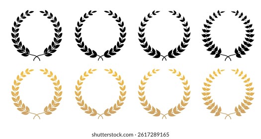 Circular foliate laurels branches icons set. Black and gold laurel wreath - a symbol of the winner.  Silhouette vintage collection. Trophy crest. Greek olive branch award, winner round emblem