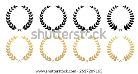 Circular foliate laurels branches icons set. Black and gold laurel wreath - a symbol of the winner.  Silhouette vintage collection. Trophy crest. Greek olive branch award, winner round emblem