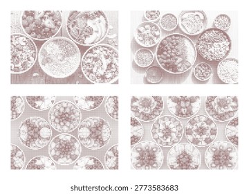 Circular food arrangement, dots creating pattern, healthy meal ingredients, assorted.