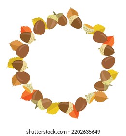 Circular frame with acorns and autumn leaves. Cartoon-style illustration of Mizunara oak acorns and leaves.