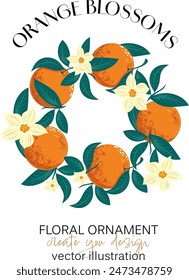 A circular frame adorned with blooming oranges and green leaves, featuring a natural pattern with space for your text, perfect for invitations, announcements, or decorative designs