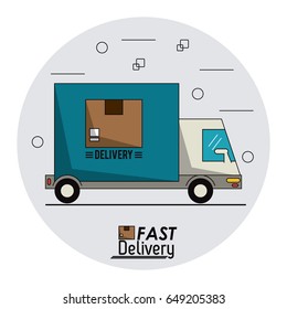 circular frame background with fast delivery truck of packages