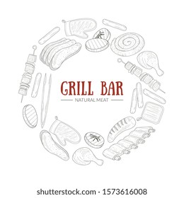 Circular Frame with Barbecue Food Items Vector Template