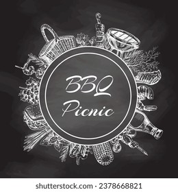 Circular frame for barbecue and picnic food label on chalkboard background. Retro hand drawn vector illustration. Template element for packaging design.