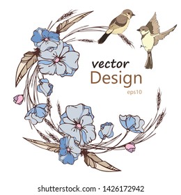 circular frame of blue wildflowers with hand-drawn birds. Seasonal round floral composition with space for text inside, isolated on a white background, vector vectors10
