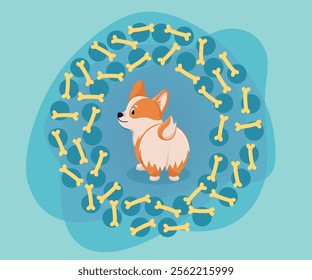 Circular frame with bones around comic corgi vector illustration. Yellow bones around cute dog cartoon character on abstract background. Pets, decoration, animal care concept