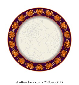 Circular frame border with childish pumpkin heads, traditional candy, sweets. For tableware decorations, prints, party goods, stuff. Vintage style.