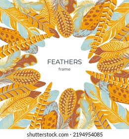 Circular frame border made of colorful feathers. Yellow, blue, brown colors. Brush and paint texture. Vector illustration
