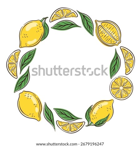Circular frame border made of fresh lemon slices and green leaves arranged in wreath pattern on white background with empty center space in flat style.