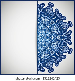 Circular frame card for congratulation Circular frame card for congratulations for wedding invitations, Valentine's Day, birthday, holiday, gratitude, love confession. Vector blue background with mandal