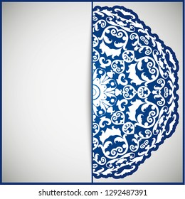 Circular frame card for congratulations for wedding invitations, Valentine's Day, birthday, holiday, gratitude, love confession. Vector blue background with mandala drawing. eps10