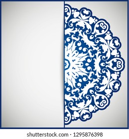 Circular frame card for congratulations for wedding invitations, Valentine's Day, birthday, holiday, gratitude, love confession. Vector blue background with mandala drawing. eps10