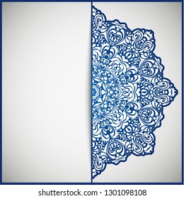 Circular frame card for congratulations for wedding invitations, Valentine's Day, birthday, holiday, gratitude, love confession. Vector blue background with mandala drawing. eps10