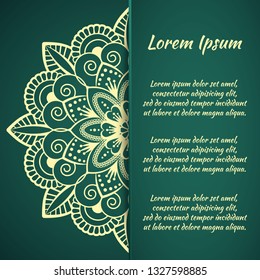 Circular frame card for congratulations for wedding invitations, Valentine's Day, birthday, holiday, gratitude, love confession. Vector green background with mandala drawing. eps10
