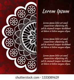 Circular frame card for congratulations for wedding invitations, Valentine's Day, birthday, holiday, gratitude, love confession. Vector red background with mandala drawing. eps10