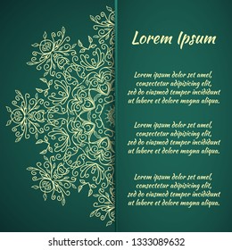 Circular frame card for congratulations for wedding invitations, Valentine's Day, birthday, holiday, gratitude, love confession. Vector green background with mandala drawing. eps10