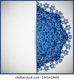 Circular frame card for congratulations for wedding invitations, Valentine's Day, birthday, holiday, gratitude, love confession. Vector blue background with mandala drawing. eps10
