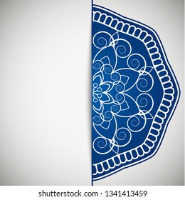 Circular frame card for congratulations for wedding invitations, Valentine's Day, birthday, holiday, gratitude, love confession. Vector blue background with mandala drawing. eps10