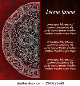 Circular frame card for congratulations for wedding invitations, Valentine's Day, birthday, holiday, gratitude, love confession. Vector red background with mandala drawing. eps10