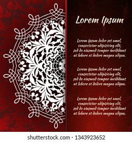 Circular frame card for congratulations for wedding invitations, Valentine's Day, birthday, holiday, gratitude, love confession. Vector red background with mandala drawing. eps10