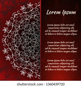 Circular frame card for congratulations for wedding invitations, Valentine's Day, birthday, holiday, gratitude, love confession. Vector red background with mandala drawing. eps10
