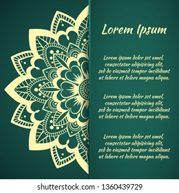 Circular frame card for congratulations for wedding invitations, Valentine's Day, birthday, holiday, gratitude, love confession. Vector green background with mandala drawing. eps10