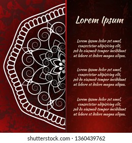 Circular frame card for congratulations for wedding invitations, Valentine's Day, birthday, holiday, gratitude, love confession. Vector red background with mandala drawing. eps10