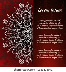 Circular frame card for congratulations for wedding invitations, Valentine's Day, birthday, holiday, gratitude, love confession. Vector red background with mandala drawing. eps10