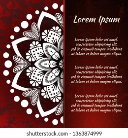 Circular frame card for congratulations for wedding invitations, Valentine's Day, birthday, holiday, gratitude, love confession. Vector red background with mandala drawing. eps10