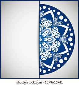 Circular frame card for congratulations for wedding invitations, Valentine's Day, birthday, holiday, gratitude, love confession. Vector blue background with mandala drawing. eps10