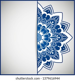 Circular frame card for congratulations for wedding invitations, Valentine's Day, birthday, holiday, gratitude, love confession. Vector blue background with mandala drawing. eps10