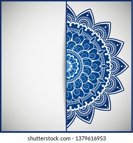 Circular frame card for congratulations for wedding invitations, Valentine's Day, birthday, holiday, gratitude, love confession. Vector blue background with mandala drawing. eps10