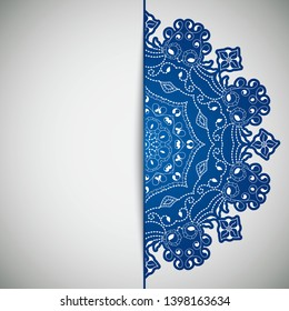 Circular frame card for congratulations for wedding invitations, Valentine's Day, birthday, holiday, gratitude, love confession. Vector blue background with mandala drawing. eps10